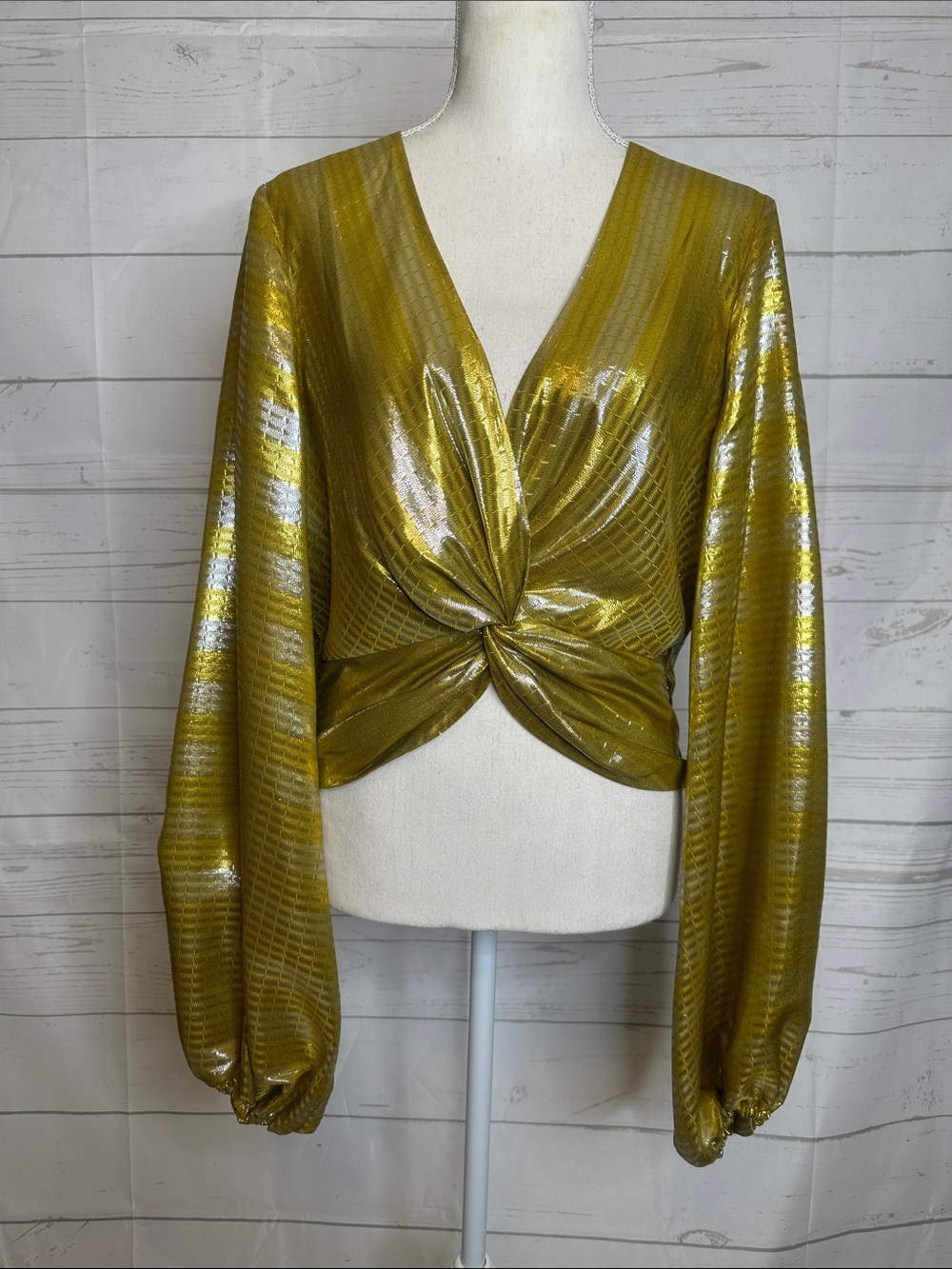 Ramy Brook Metallic Gold Twist-Knot V-Neck Blouse